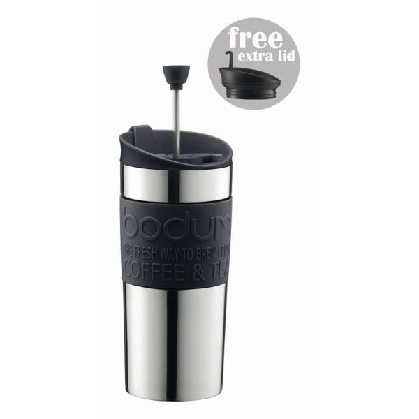 BODUM TRAVEL PRESS COFFEE MAKER INC NON-PRESS LID, 0.35L, 12OZ - SILVER S/S
